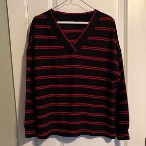 Sanctuary Black and Red Striped V-Neck Sweater